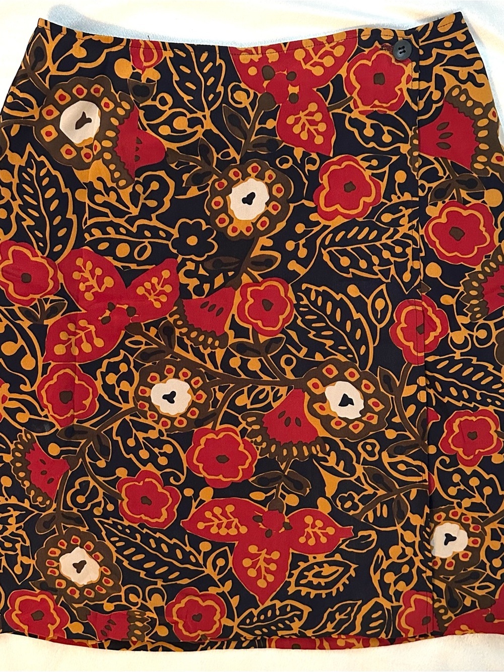 Vintage The Works Saks Fifth Ave 100% Silk Wrap Pencil Skirt 8 Brown Red Floral